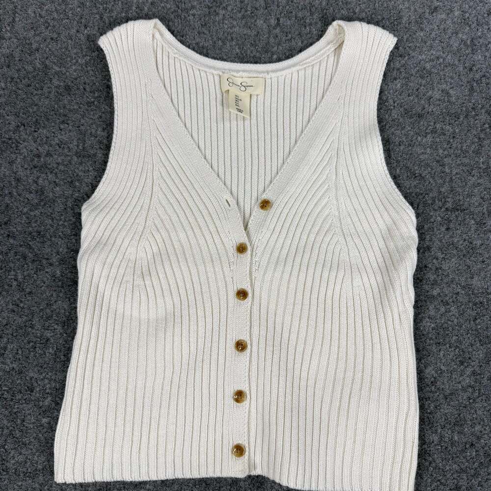 Jessica Simpson Women's Cream Ribbed Knit Button Down V-Neck Sweater Tank Top Si